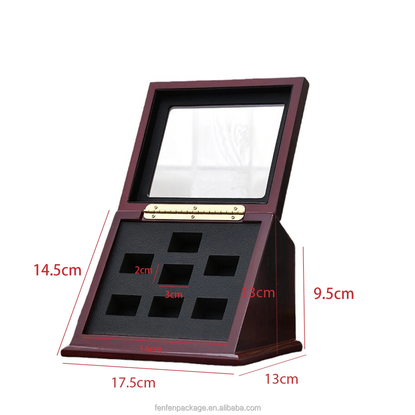 Wooden Trapezoid Display Case for Championship Rings Angled Multi-Slot Organizer for Basketball, Football Game Souvenir Rings