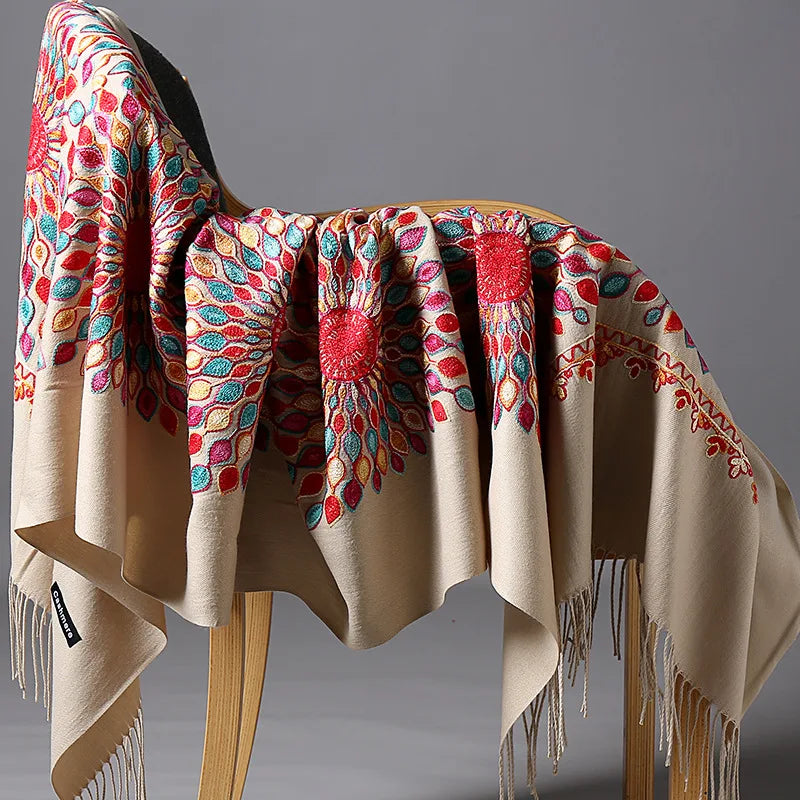 Wholesale JiYun 2025 Ladies Winter Scarf Shawl Floral Tassel Embroidery Soft Heavy Cashmere Feel-Hot Sale Winter Accessory