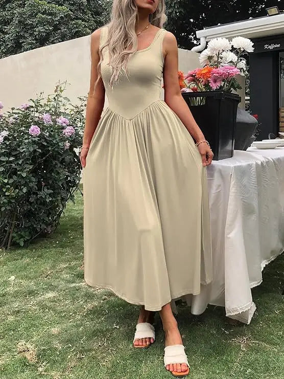 2025 Summer Women Tie Dye Midi Dress Square Neck Sleeveless Pleated Casual Beach Party Outfit