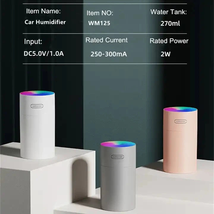 H2o Air Ultrasonic Humidifier with Essential Oil Aromatherapy Mini Design for Car & Hotel Use USB Powered 7-Color LED Lights