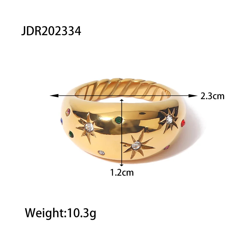 Fashion Waterproof 18K Gold Plated Stainless Steel Jewelry White Cubic Zirconia Star Chunky Rings for Women