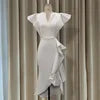 4XL Plus Size Women Club Fashion V-neck Puff Short Sleeves Slimming Knitted Ruffle Mermaid Long Dress