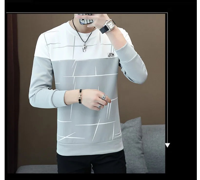 M-3XL Spring and Autumn Men's Sweater Pullover Korean Fashion Trend Splicing Colorblock Slim Fit Casual Sports Tops