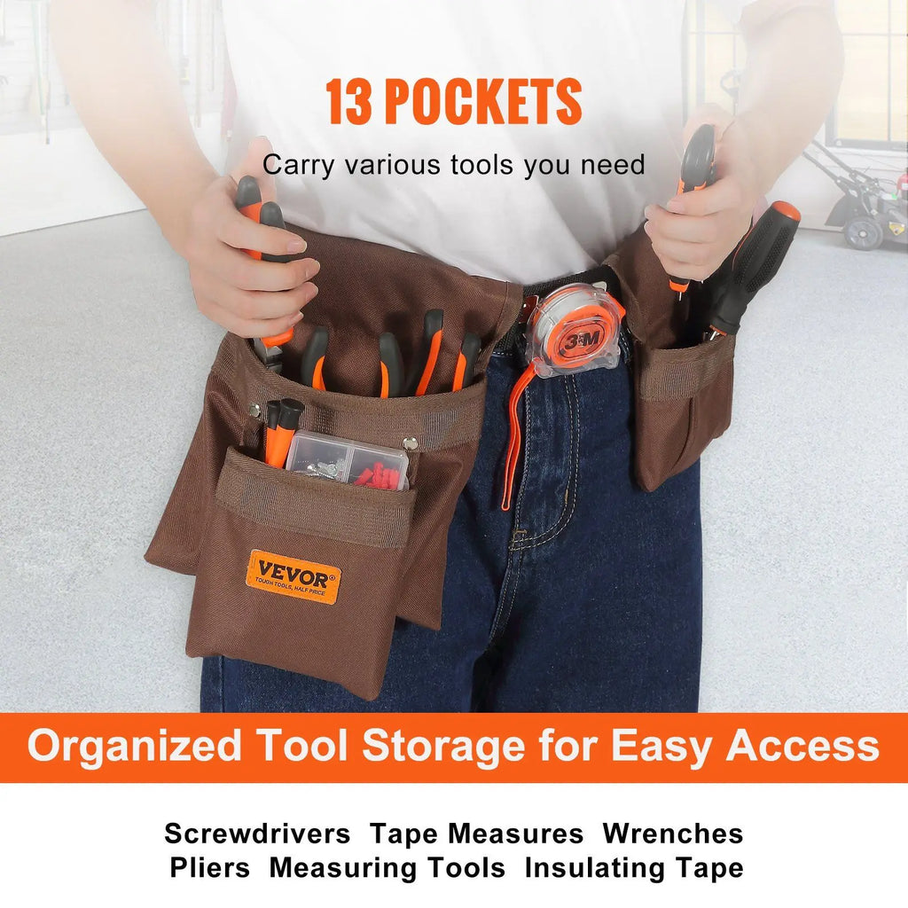 VEVOR Tool Belt, Adjusts from 29 Inches to 54 Inches, Polyester Heavy Duty Tool Pouch Bag, Detachable Tool Bag