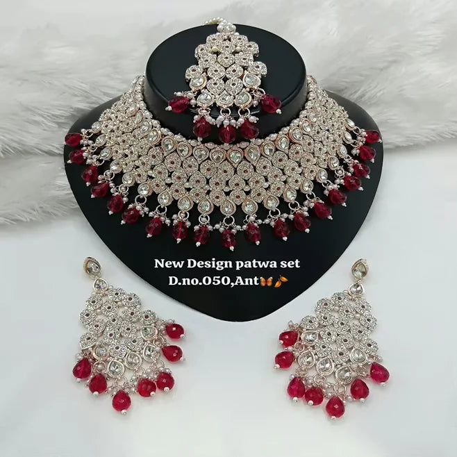 Trending Fancy Collection Gold Plated Kundan & Pearl Rani Color Stone Ethnic Wedding Party Necklace Set for Women Wear Jewelry