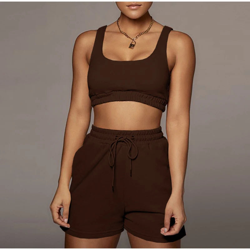 New Fashion Summer Two Piece Set Crop Top Solid Sportswear  Women Elasticity Matching Shorts Athleisure Casual Sets Outfits 2021