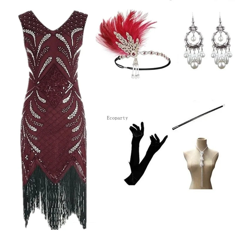 Halloween Cosplay Dress for Women 1920s Vintage Flapper Long Fringe Beaded Gatsby Party Dress With 20s Accessories Set