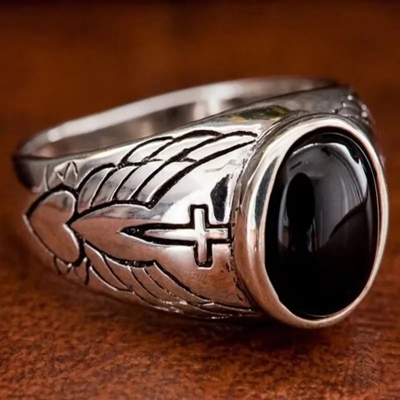 BOCAI Vintage Thai Angel Wing Cross S925 Silver Rings for Men Women Natural Black Agate Trendy Birthday Gifts Heart Pattern