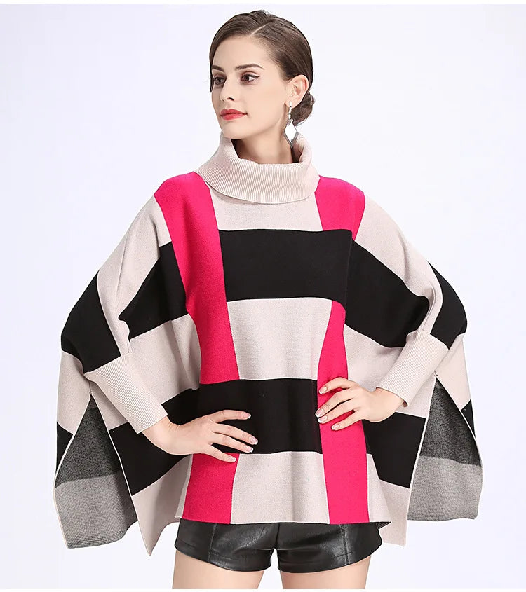 Wholesale 2025 Hot Sale Girl's Winter Cape Coats Luxury batwing Sleeve High Cloak Acrylic Knitted Warm Women's Poncho Sweater
