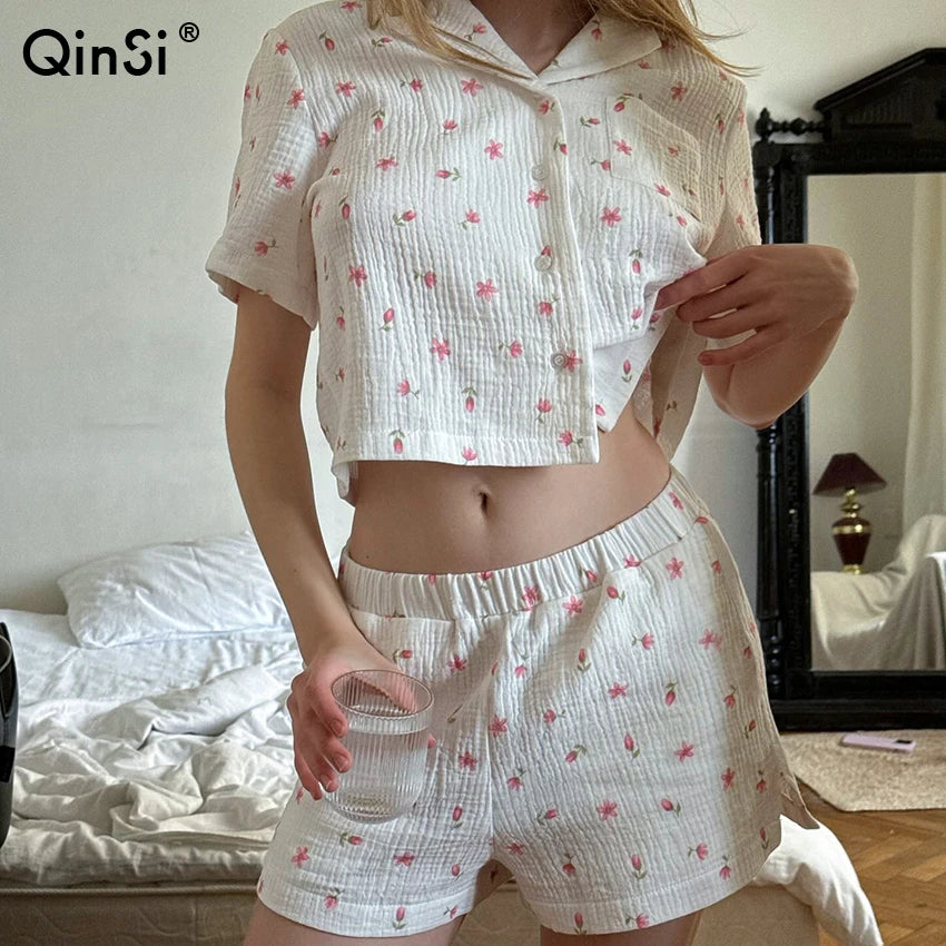 QINSI Sexy Summer Sleepwear Short Sleeves Sets 2 Pieces Pajamas for Women Floral Print Pj Cotton Pyjamas Set for Women