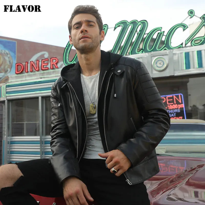 FLAVOR Men's Leather Motorcycle Jacket Black Sheepskin Real Leather Jacket With Removable Hood