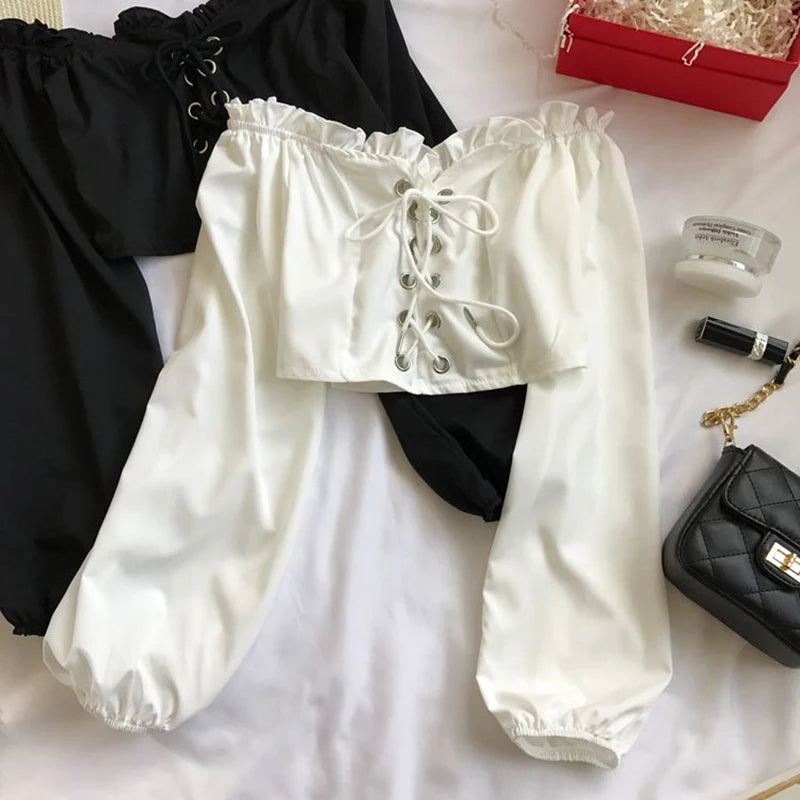 Womens Off Shoulder Top Long Sleeve Ruffle Vintage Blouse With Puff Sleeves Lace up Ladies Tops Bandage Crop Tops