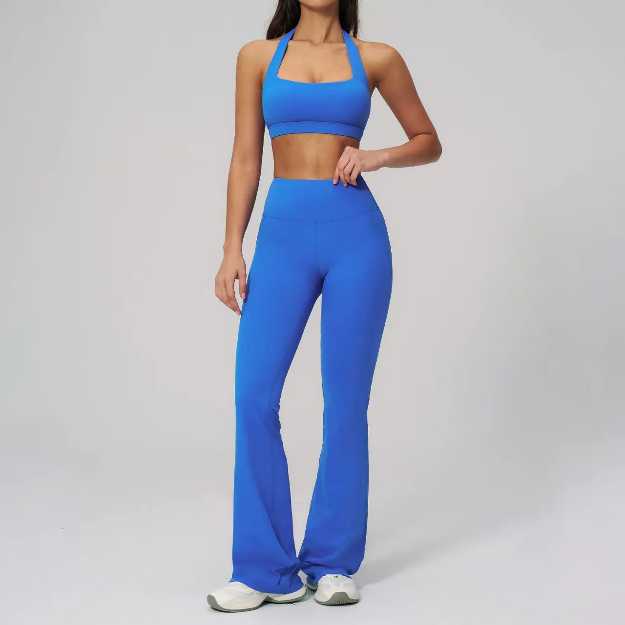 Hot Selling New Luxury 2-piece Set Soft Halter Neck Yoga Set, High Waist Bootcut Flare Pants with Padded Sports Bra for Women