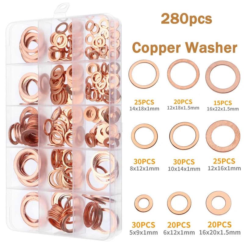280pcs Copper Washers Copper Sealing Washer 12 Sizes Assorted Solid Copper Crush Washers Seal Flat Ring Set with Case
