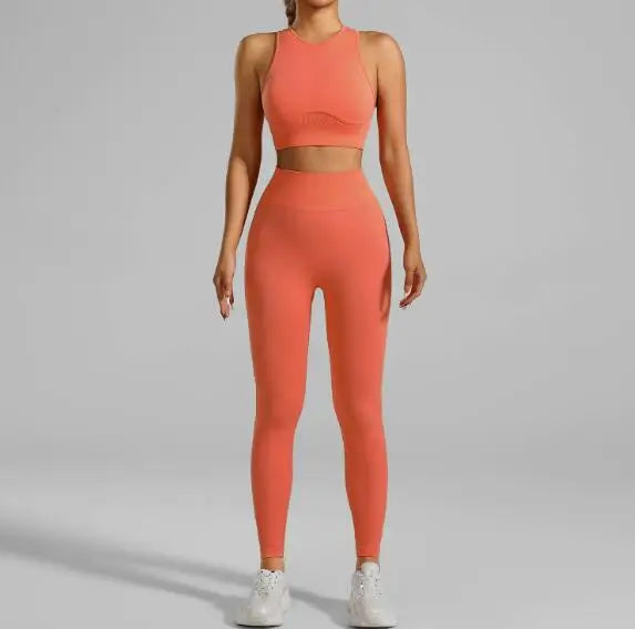 JAC22 XG7138 Women's Seamless Running Fitness Threaded Tank Top Pants Yoga Set