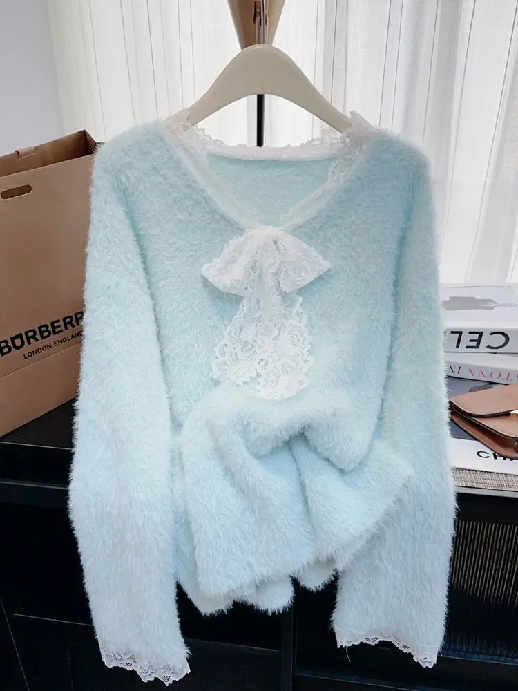 Ladies Casual V Neck Long Sleeve Mohair Lace Sweater Front Logo Patchwork Design Loose Fit