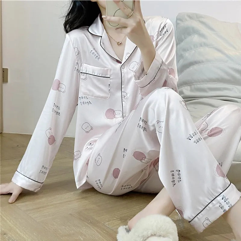 Best Selling Design Women's Silk Pajamas Long Sleeve Two-piece Set Cartoon Print Sleepwear Girls Cheap Nightwear Wholesale