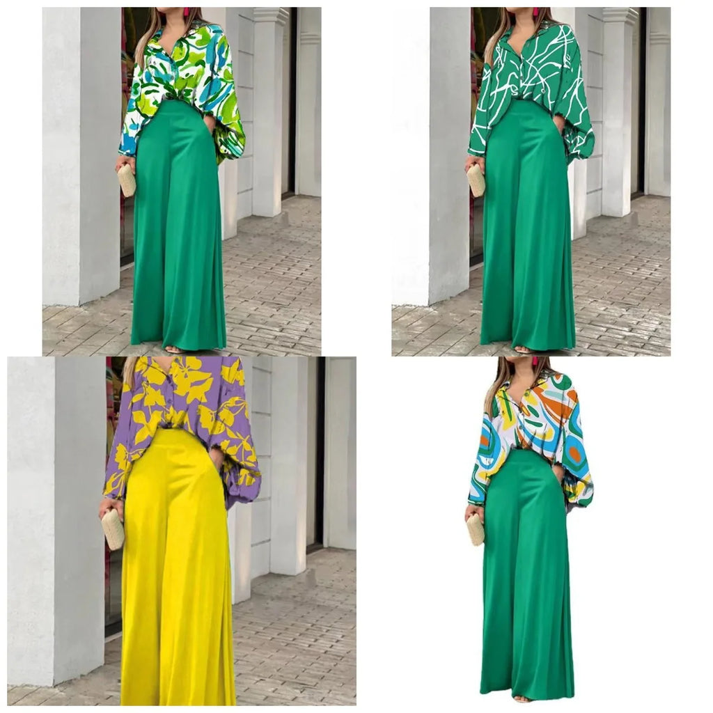 Women's Spring Pants Set Casual Two Piece Set Loose Long Sleeve Shirt High Waist Wide-leg Pants Fashion Pants Suits