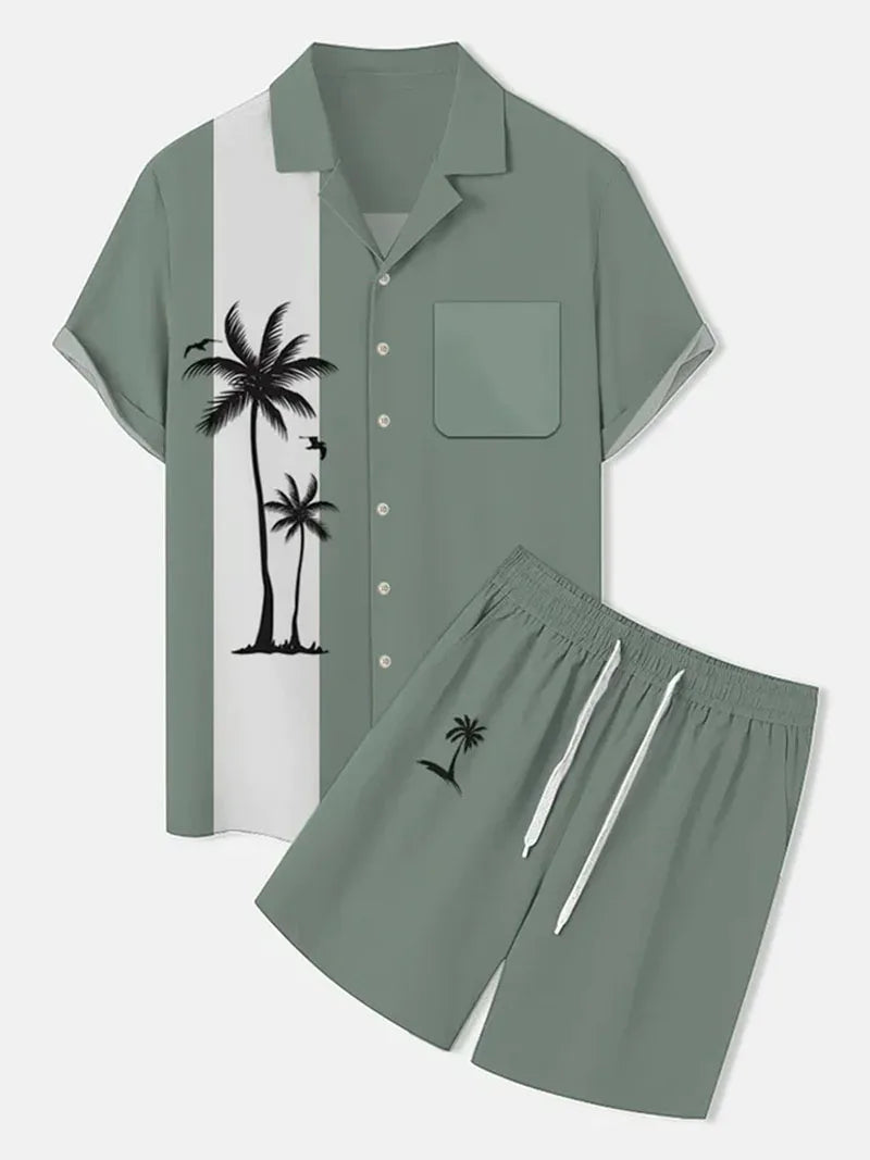 New Men Sets Print Patchwork Lapel Short Sleeve Casual Shirt Beach Shorts Summer Men Streetwear Vacation Hawaiian Suits