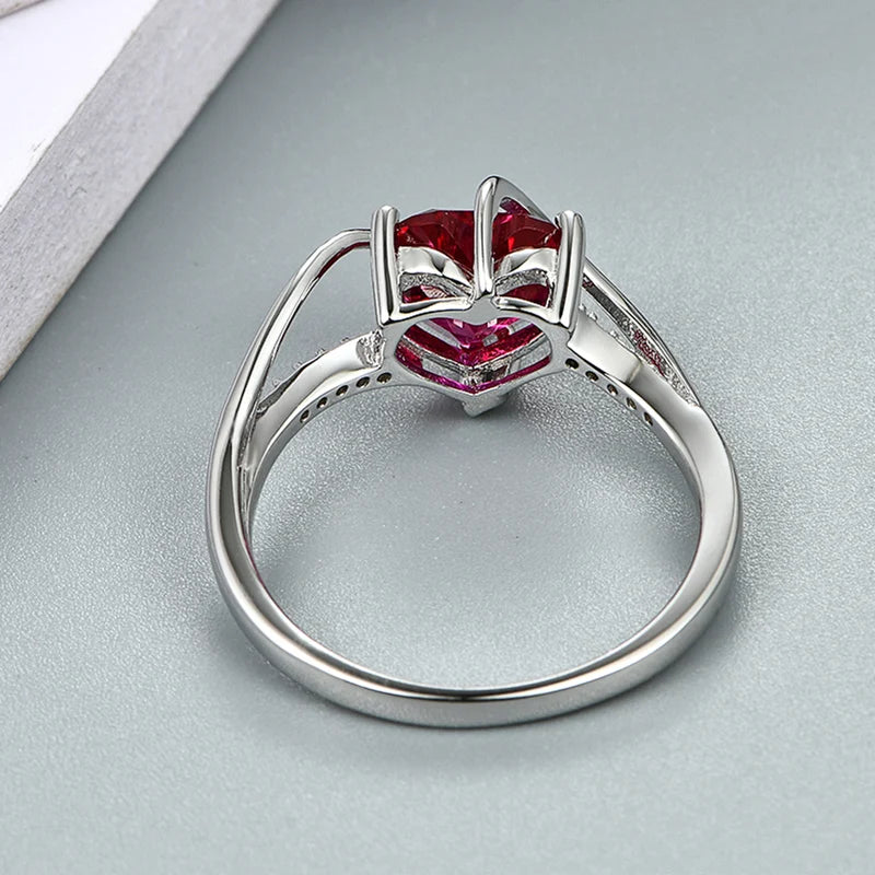 2.25 Carats 925 Sterling Silver Red Heart Solitaire Rings for Women Wedding Engagement Jewelry