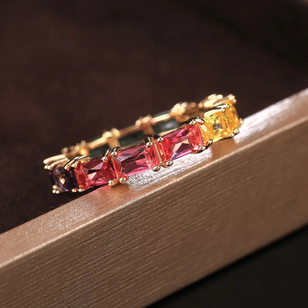 Exquisite Trendy Rainbow Colors Zircon Women Ring Temperament Geometric Ring New Jewelry Fashion Rings