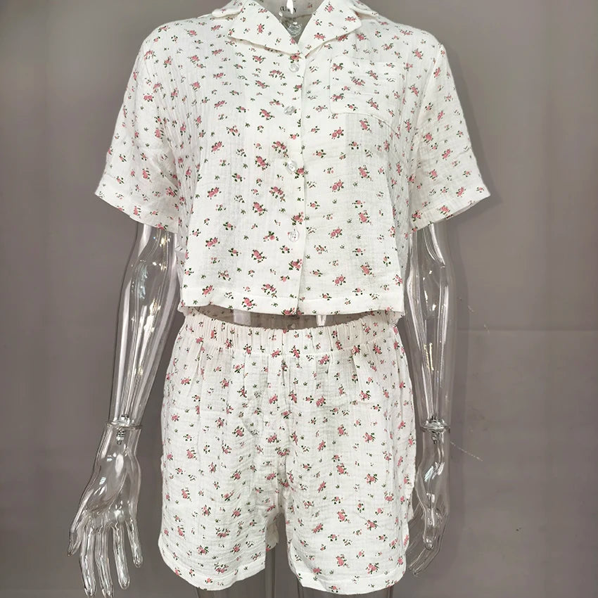 QINSI Sexy Summer Sleepwear Short Sleeves Sets 2 Pieces Pajamas for Women Floral Print Pj Cotton Pyjamas Set for Women