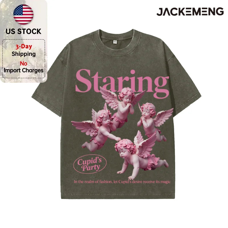 Oversized Vintage Retro Angel Art Streetwear Print Tshirt USA Stock Wholesale Y2K Casual Tee