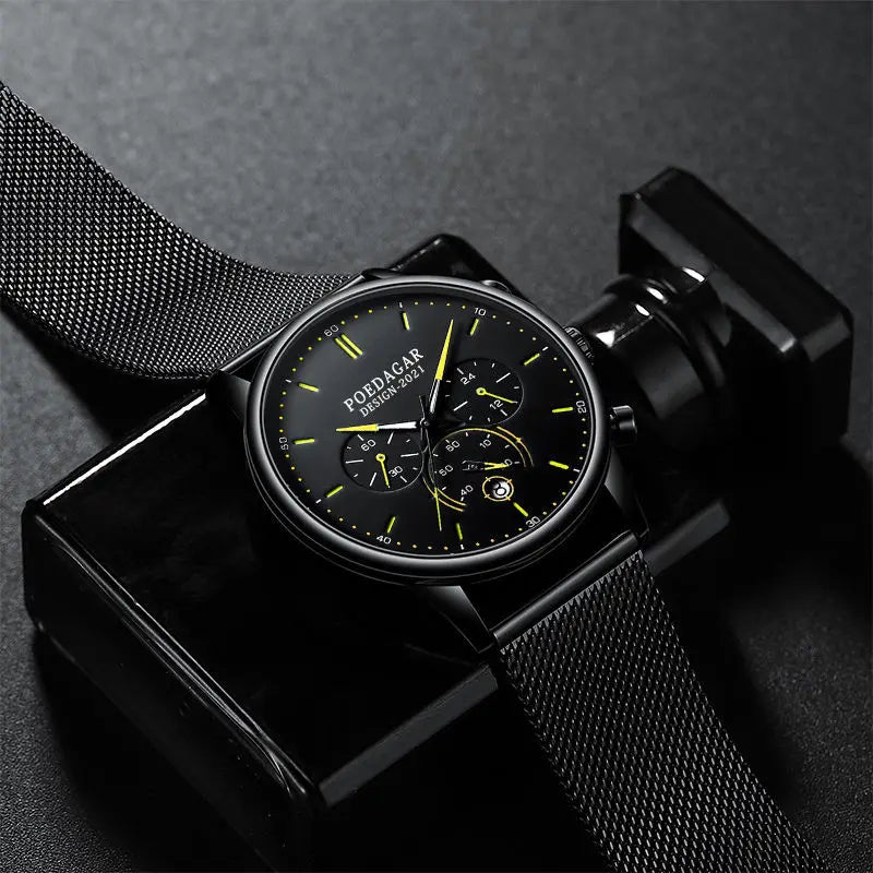 POEDAGAR Men Watch Fashion Chronograph Slim Stainless Steel Mesh Quartz Men's Wristwatch Waterproof Luminous Date Sport Watch