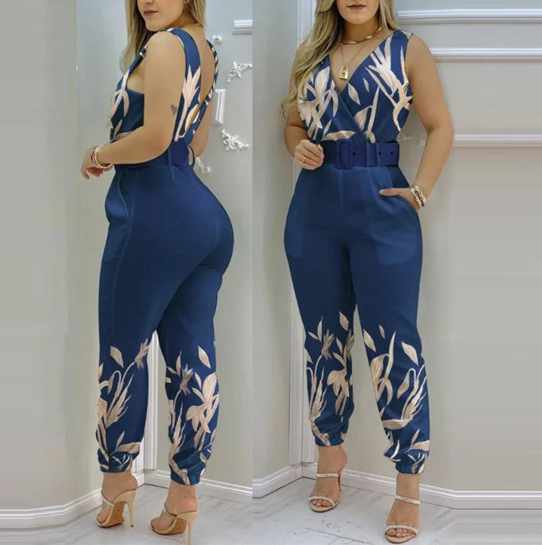 XY1012 2022 New Arrivals V-neck High Waist Backless Printed Jumpsuit Women Summer Jumpsuits With Belt