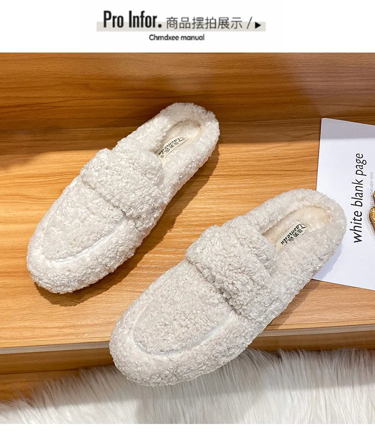 Winter Warm Plush Mules Women One Band Fur Slippers Cozy Cotton Shoes Woman Flats Cover Toe Fleeces Slides Femme Wool Pantuflas