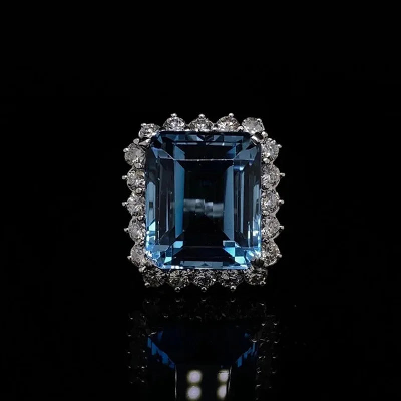 Women's Party Cocktail Ring Gemstones Natural Aquamarine Emerald Cut Pave Setting Glam Fashion Geometric Design