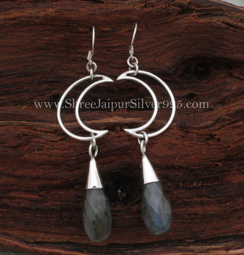 Handmade 925 Sterling Silver Labradorite Teardrop Hoop Earrings for Women Rhodium Plated Minimalist Bezel Setting Wedding Fine