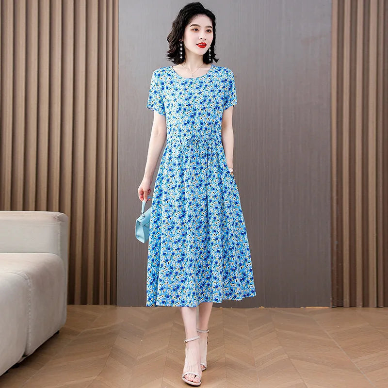 Women Floral Printed Summer Dresses O-neck Short Sleeve Fashion Printing Women's Simple Flower A-line Casual Dress