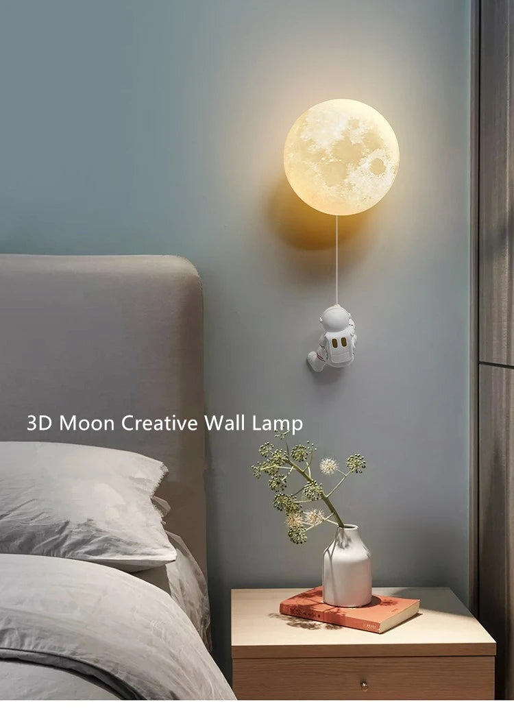 Lunar Wall Lamp Nordic Creative Astronaut Children's Room Lamp Bedroom Bedside Lamp Cartoon Boy Girl Background Wall Lamp