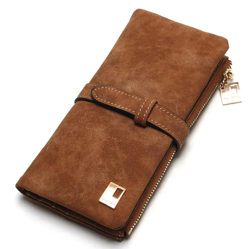 Vintage Women Long Standard Wallets Purse Fold Drawstring Nubuck Leather Zipper Suede Bag Female Simple Design Clutch Handbags