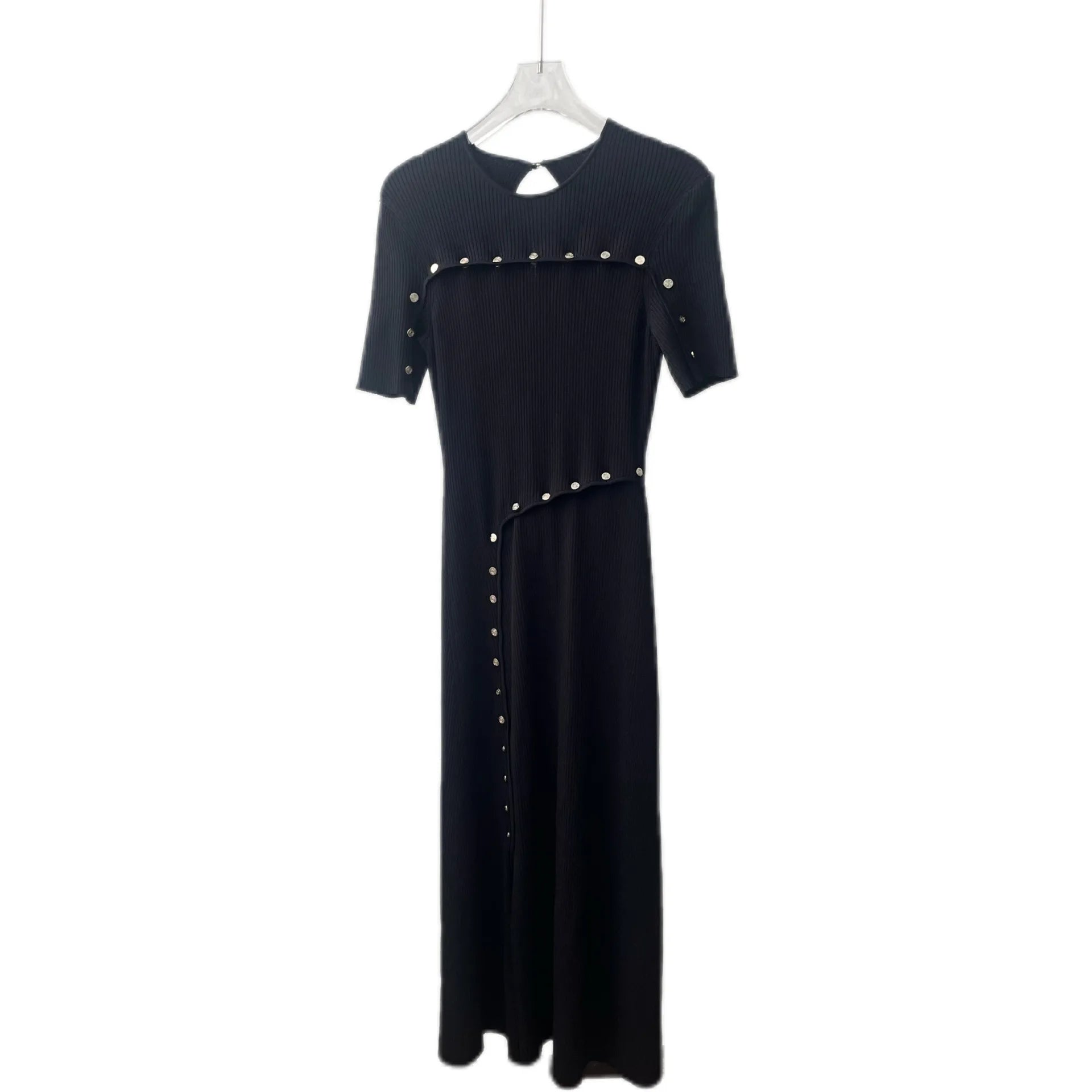 2024 Autumn High-quality New French Style Fashion Staple Button Slim Knit Black Short-sleeved Casual Dress