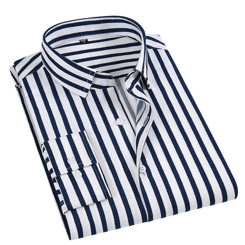 Men's Classic Stripe Satin Long Sleeve Shirt Breathable Business Office Dress for Autumn Season