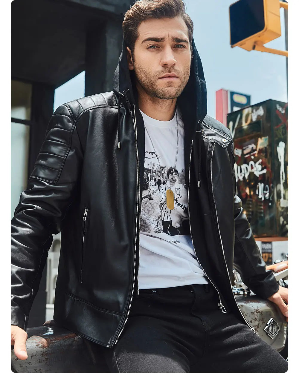 FLAVOR Men's Leather Motorcycle Jacket Black Sheepskin Real Leather Jacket With Removable Hood