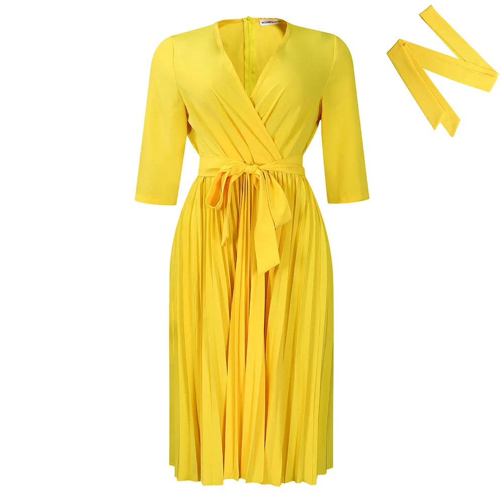 Women's Dress 2024 New Style Casual Elegant Solid Color V-neck Long Sleeve Pleated Skirt