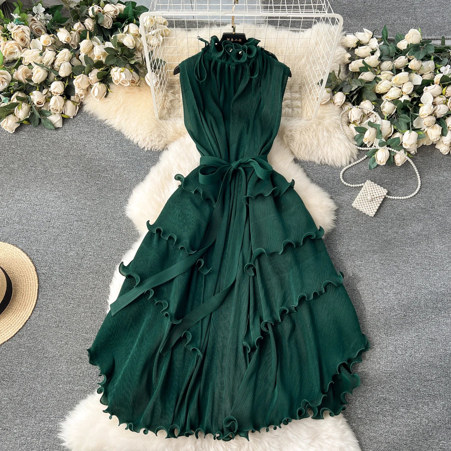 LE2509 Exquisite Chiffon Midi Pleated Dress Lady Elegant Lotus Collar Evening Gown Lady Boutique Socialite Holiday Banquet Dress