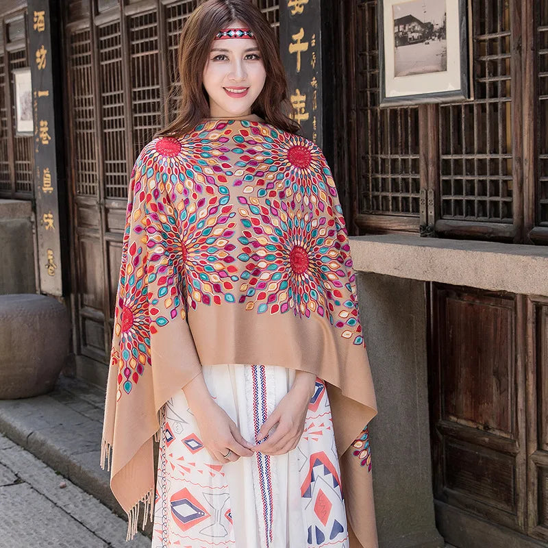 Wholesale JiYun 2025 Ladies Winter Scarf Shawl Floral Tassel Embroidery Soft Heavy Cashmere Feel-Hot Sale Winter Accessory
