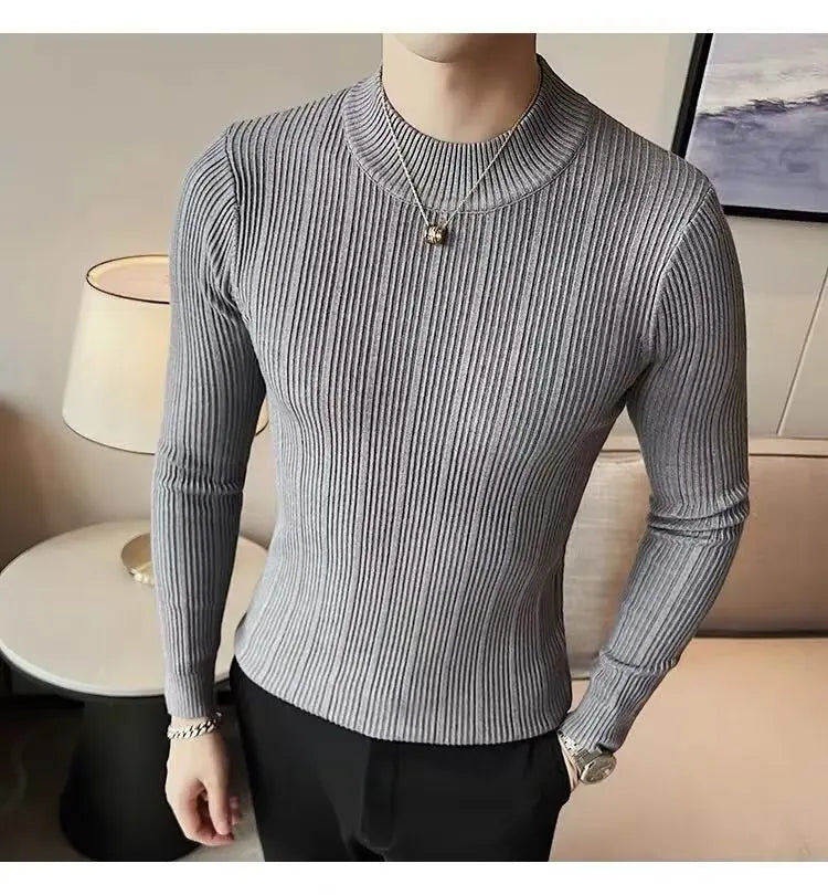 S-3XL Striped Versatile Men's Half High Neck Long Sleeve Sweater Mid Neck Slim Knit Bottom Shirt