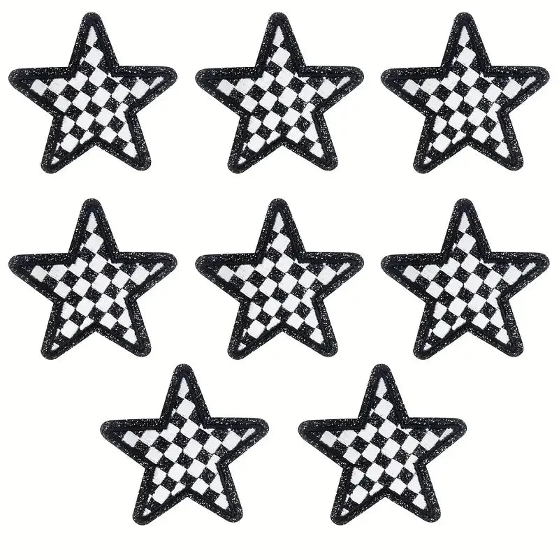 8 Pcs Glitter Star Iron on Patch Set Checkered Sequin Applique Embroidery DIY Badge for Clothes Backpack Hat Jacket Decor