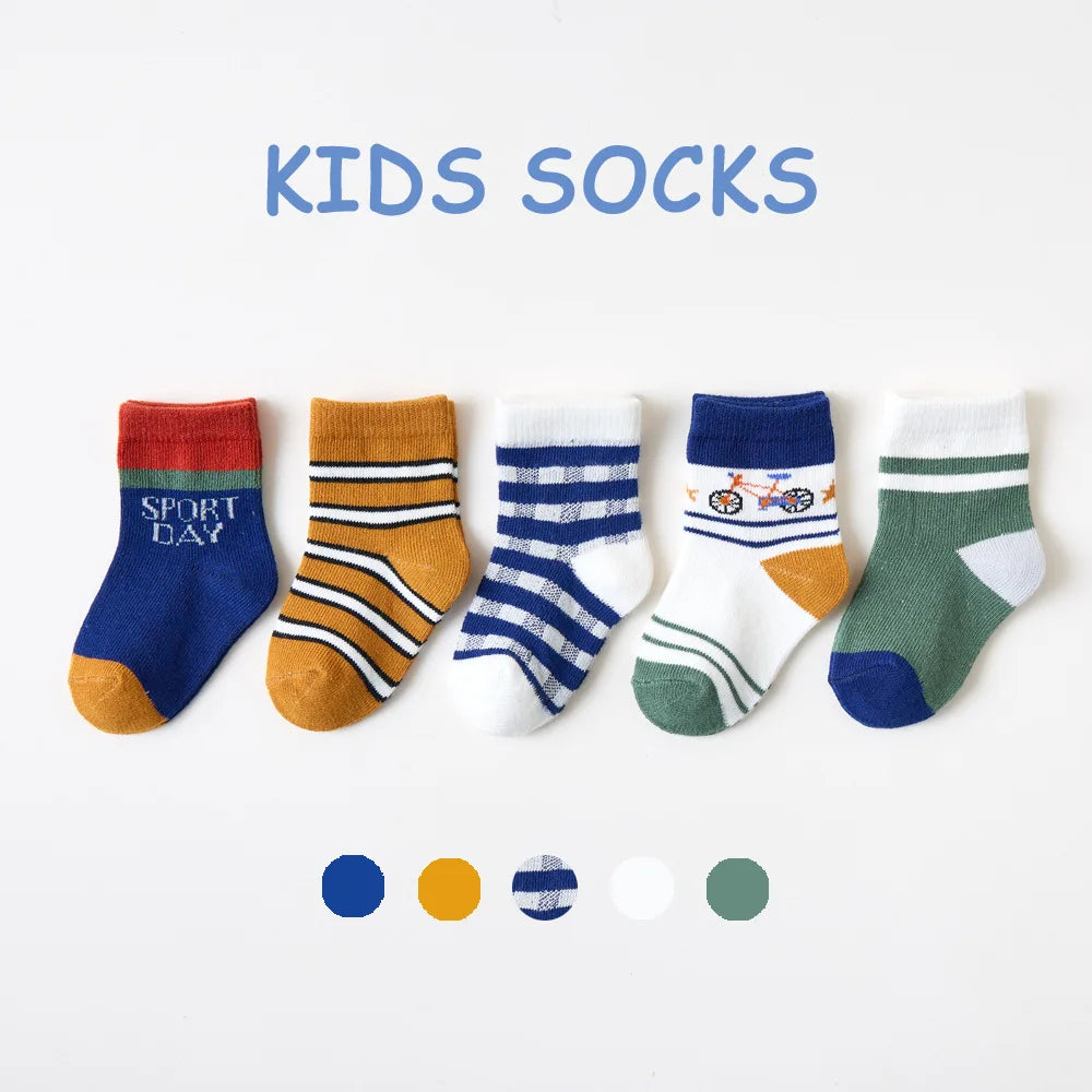 5 Pairs/Lot Toddler Socks Newborn Baby Soft Prewalker Spring Cotton Girl Kids Autumn Infant Cartoon Striped Print Sock 0-12Y