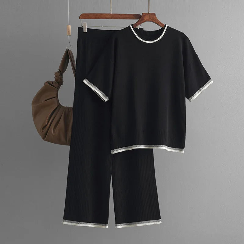 Boutique Wholesale 2026 Summer New Simple and Fashionable Round Neck Short Sleeve Slimming Pants Contrast Color Women's Set