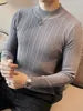 S-3XL Striped Versatile Men's Half High Neck Long Sleeve Sweater Mid Neck Slim Knit Bottom Shirt