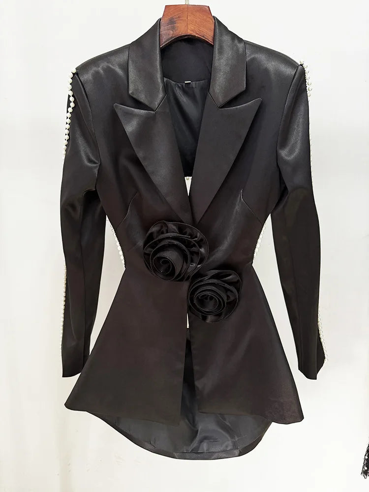 2026 Spring Lady Fine Workmanship Beading Solid Suit Long Sleeve Hollow Out Waist Blazer See-through Flared Pants Women 2Pcs