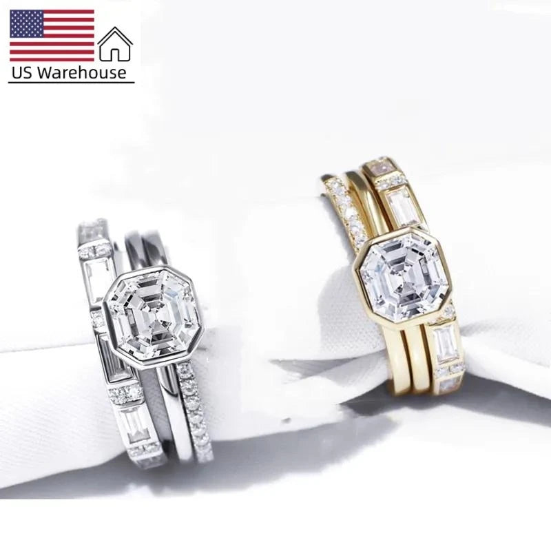 Tianyu Bridal Jewelry Stacking Bezel 18K Gold Filled 2CT Asscher Cut Diamond Moissanite Silver Engagement Wedding Rings Set