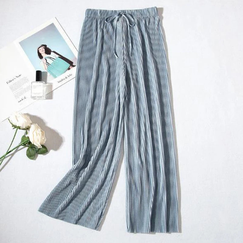 Women Fashion Summer Wide Leg Pants Pleated Ice Silk Trousers Elastic Waist Loose Casual Classic Base Girls Gifts Wear Pants