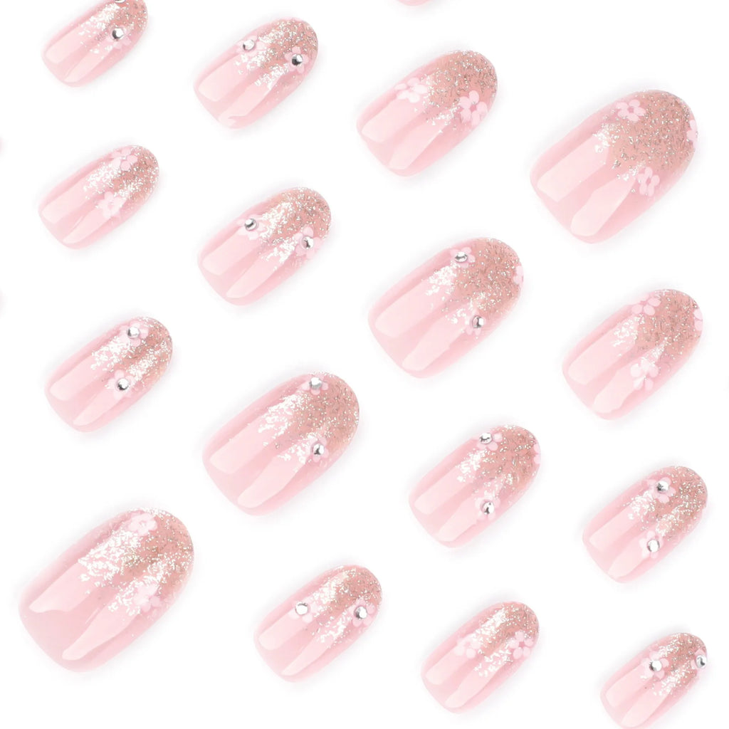 24 Pcs/set Soft Acrylic 3723 Glitter Gradient with Floral Design on Short Round Nails Press on Nails Artificial Fingernails